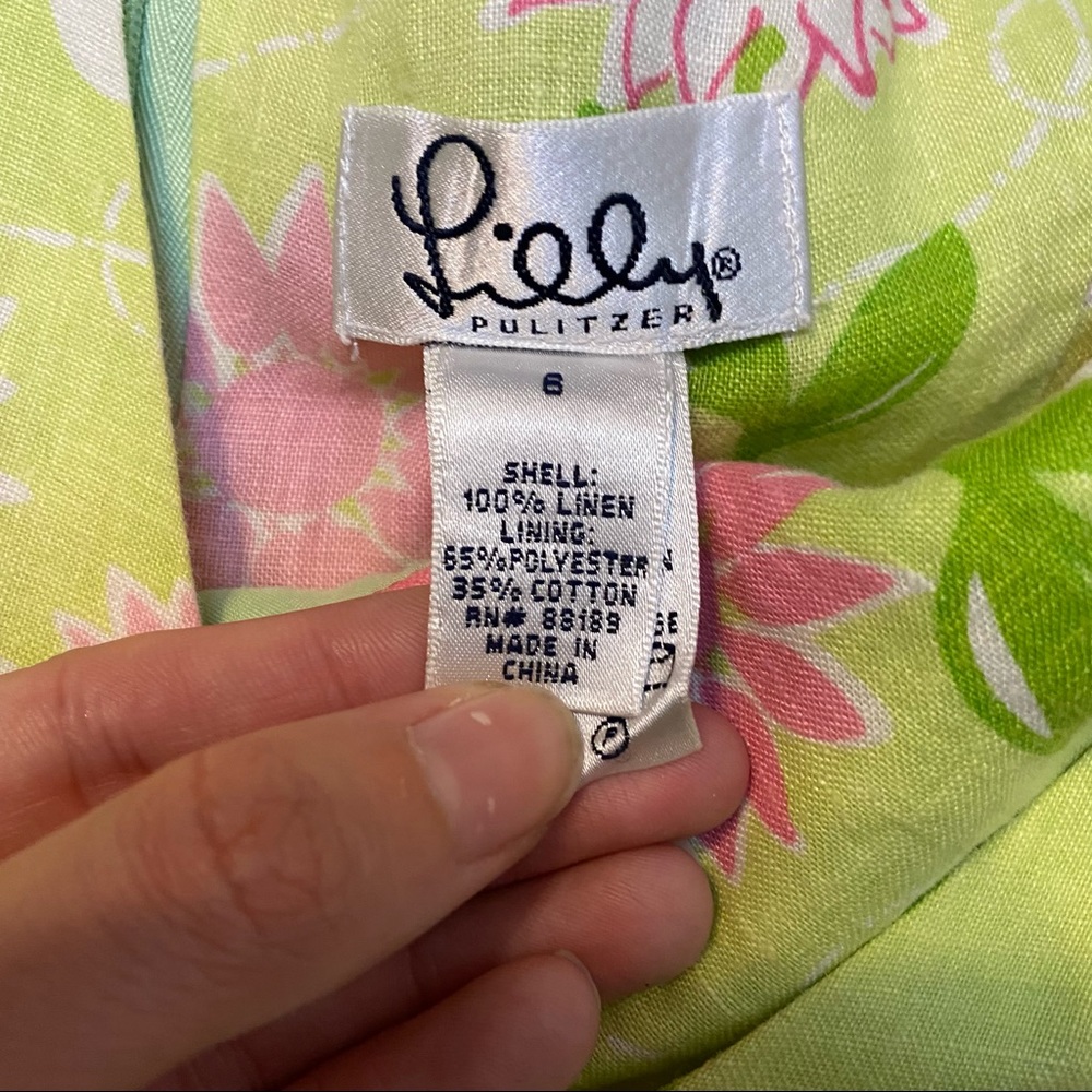 LILLY PULITZER vintage white tag green and pink floral v-neck linen dress 6 - Picture 5 of 10